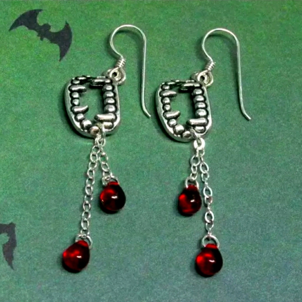 Halloween earrings bite teeth Dracula blood bat